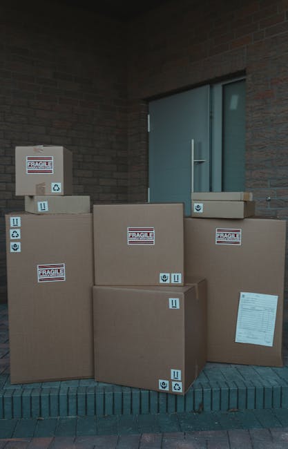 A man and a young girl are inside a well-lit room, surrounded by large cardboard moving boxes. The girl, seated at a table, is holding a white mug while looking at a portable laptop placed on top of o